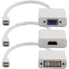 3PK Mini-DisplayPort 1.1 Male to DVI, HDMI, VGA Female White Adapters Which Comes in a Bundle For Resolution Up to 1920x1200 (WUXGA)