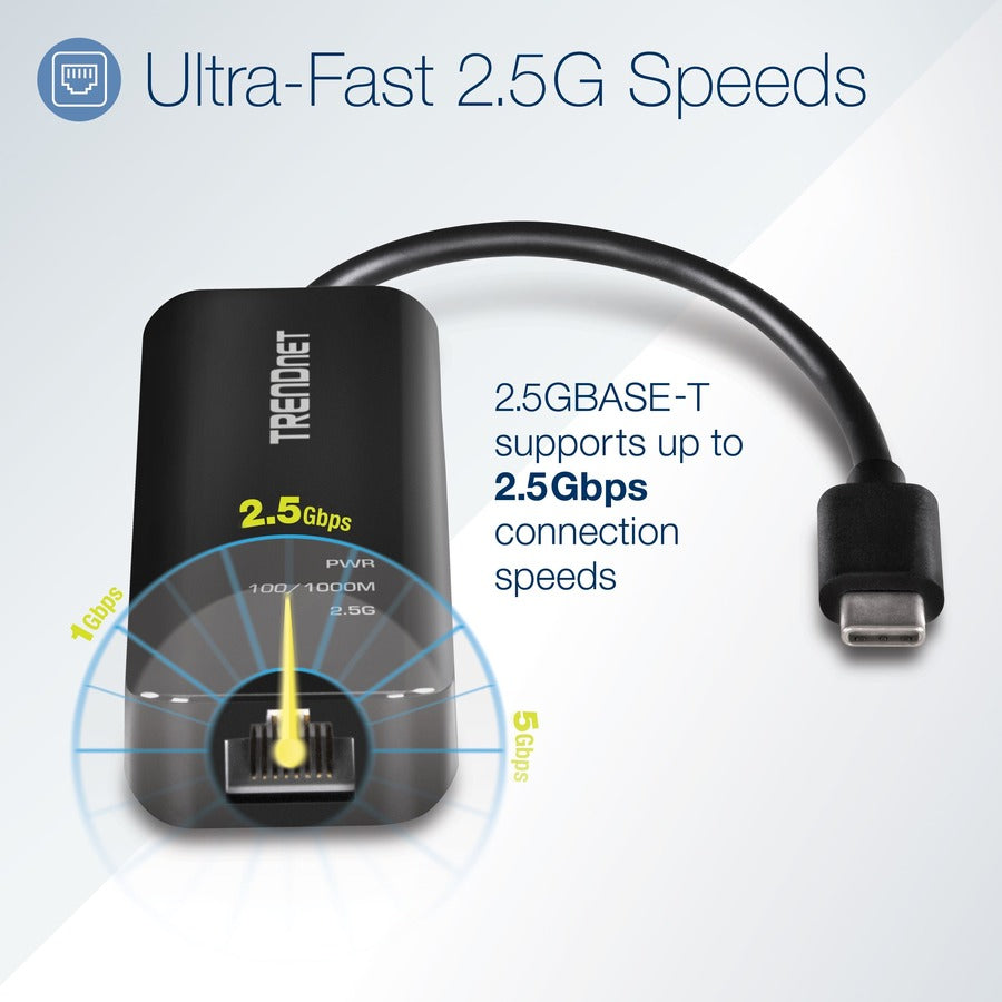 TRENDnet USB-C 3.1 To 2.5GBase-T Ethernet Adapter, IEEE 802.3bz 2.5GBASE-T Compliant, Supports Up to 2.5Gbps connection Speeds, Supports 802.1p (CoS) And 802.1Q (VLAN), Black, TUC-ET2G