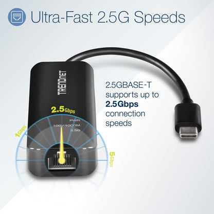 TRENDnet USB-C 3.1 To 2.5GBase-T Ethernet Adapter, IEEE 802.3bz 2.5GBASE-T Compliant, Supports Up to 2.5Gbps connection Speeds, Supports 802.1p (CoS) And 802.1Q (VLAN), Black, TUC-ET2G