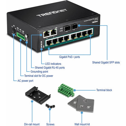 TRENDnet 10-Port Industrial Gigabit PoE+ DIN-Rail Switch, 8 x Gigabit PoE+ Ports, DIN-Rail Mount, 2 x SFP Slots, 240W PoE Power Budget, Network Switch, IP30, QoS, Lifetime Protection, Black, TI-PG102