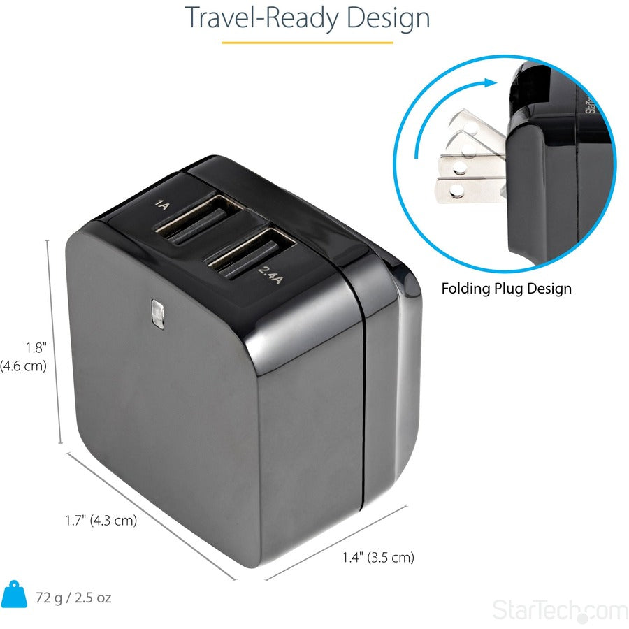 StarTech.com 2 Port USB Wall Charger, 17W Wall Charger Hub (2.4A & 1A port), Dual USB-A Power Adapter, Portable Charger for Phones/Tablets
